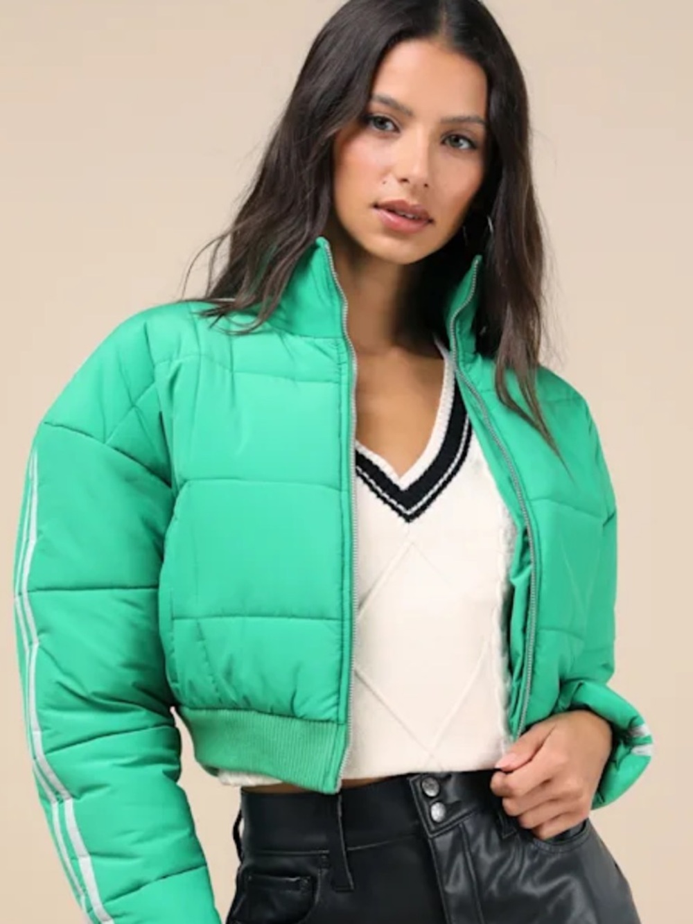 Cropped Green Puffer Jacket - Women's Lightweight Coat